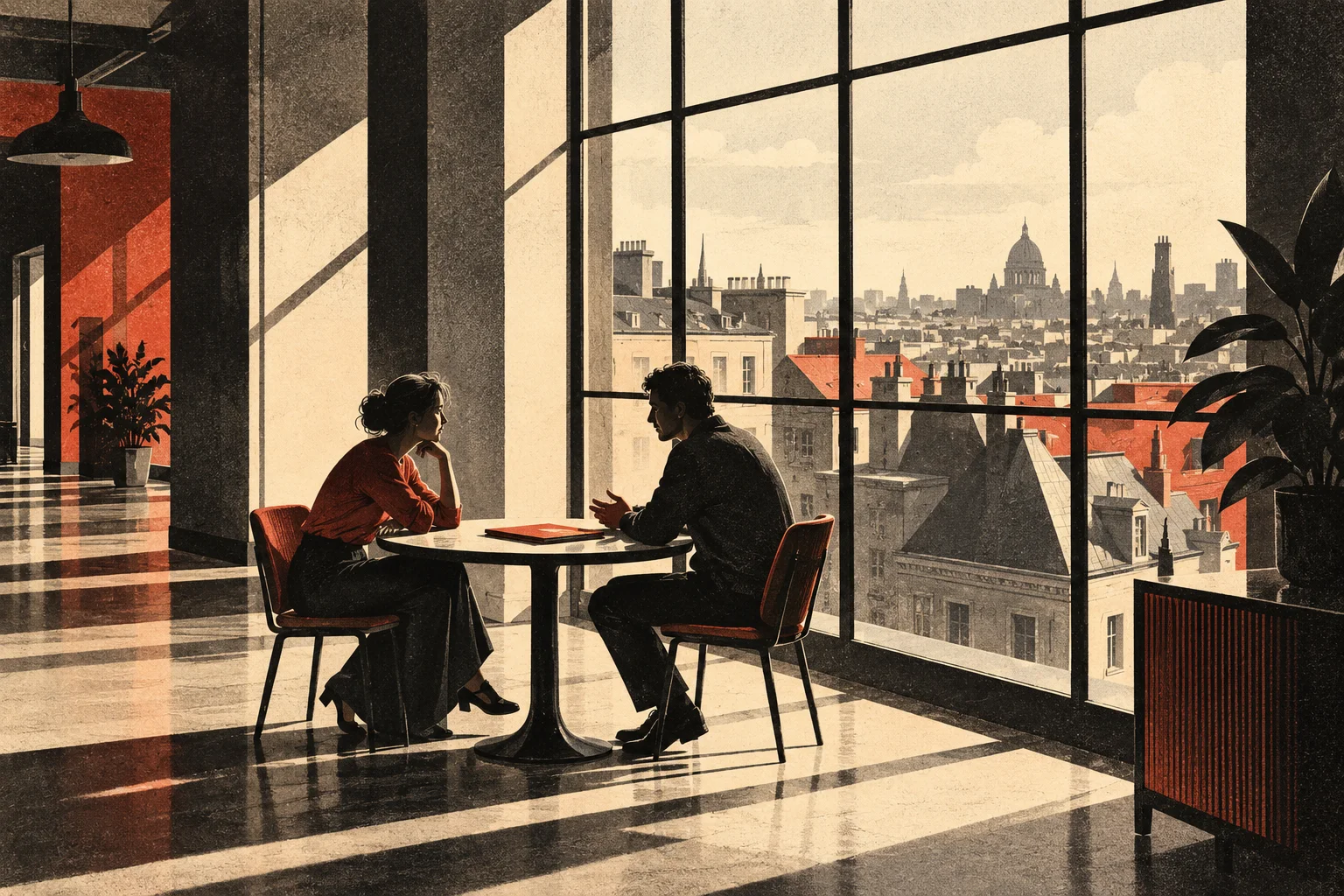 Two anonymous adults sit across a small table and listen to one another beside a sunlit city window.