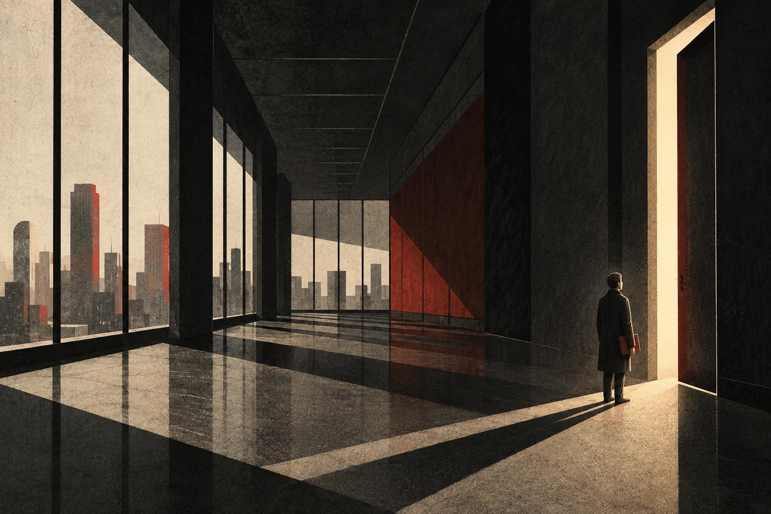 An anonymous person carrying a folder stands before an open doorway in a vast shadowed office corridor.