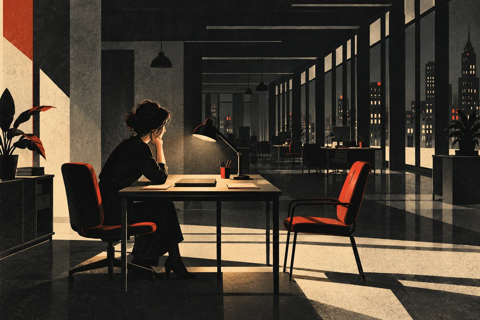 An anonymous woman waits at a desk opposite an empty chair, surrounded by a vast quiet office at night.